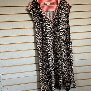 Pearl‎ Junkie Dress Leopard Animal Print Red Stripe Trim V Neck Sleeveless Large